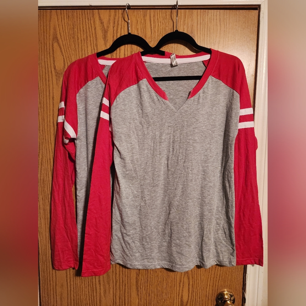 2 matching red shirts